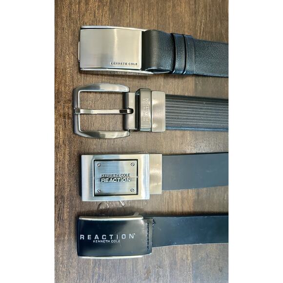 Kenneth Cole Men’s Belts Lot Of 4 Black Both Ratchet, Track Lock 38 Leather - Picture 1 of 6